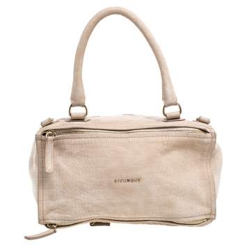 Pre Owned Givenchy Beige Nubuck Croc Embossed Leather Large Pandora Shoulder Bag