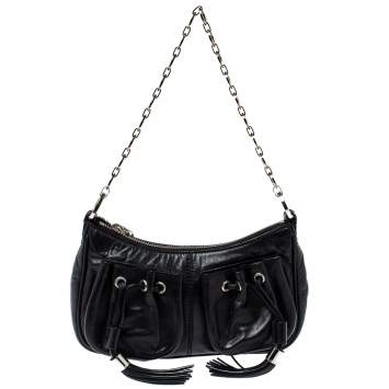 Pre Owned Givenchy Black Leather Tassel Pocket Chain Baguette Bag