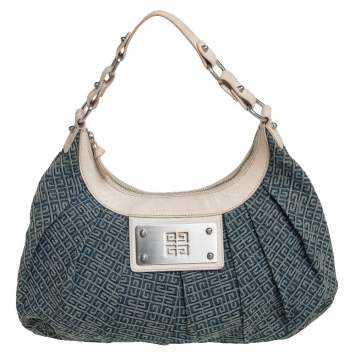 Pre Owned Givenchy Cream/Blue Monogram Canvas and Leather Hobo