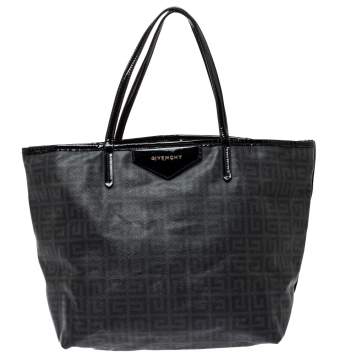 Pre Owned Givenchy Dark Grey/Black Coated Canvas Logo Print Antigona Shopper Tote