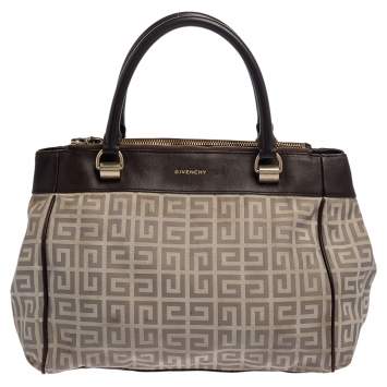 Pre Owned Givenchy Dark Brown/White Monogram Canvas and Leather Double Zip Tote
