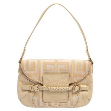 Pre Owned Givenchy Cream/Beige Monogram Canvas and Leather Flap Baguette Bag