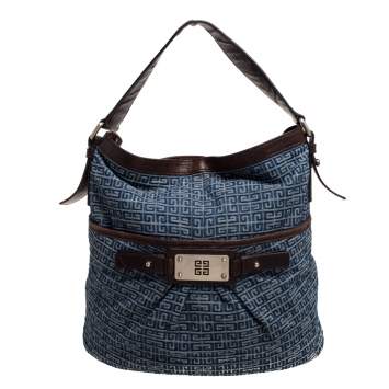 Pre Owned Givenchy Blue/Brown Monogram Denim and Leather Logo Plaque Hobo