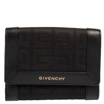 Pre Owned Givenchy Black Monogram Fabric and Leather Trim Flap Compact Wallet