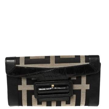 Pre Owned Givenchy Black Monogram Canvas and Croc Embossed Leather Tri Fold Continental Wallet