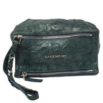 Pre Owned Givenchy Teal Blue Distressed Leather Pandora Clutch