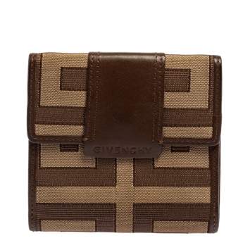 Pre Owned Givenchy Brown Signature Canvas and Leather Trim Compact Wallet