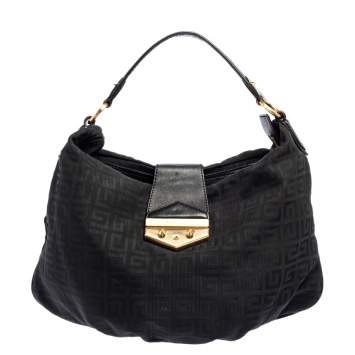 Pre Owned Givenchy Black Monogram Canvas And Leather Flap Hobo