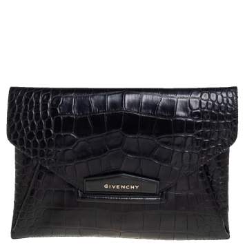 Pre Owned Givenchy Black Croc Embossed Leather Medium Antigona Clutch