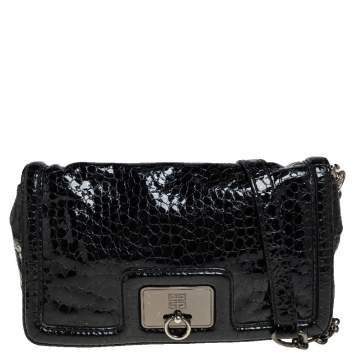 Pre Owned Givenchy Black Croc Embossed Patent Leather Flap Chain Bag