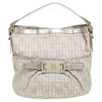 Pre Owned Givenchy Gold/Beige Shimmering Textured Canvas and Leather Logo Hobo