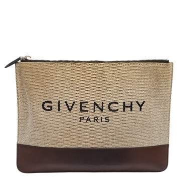 Pre Owned Givenchy Beige/Brown Canvas and Leather Flat Zip Pouch