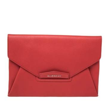 Pre Owned Givenchy Red Leather Medium Antigona Envelope Clutch
