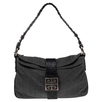 Pre Owned Givenchy Grey/Black Denim and Croc Embossed Leather Hobo