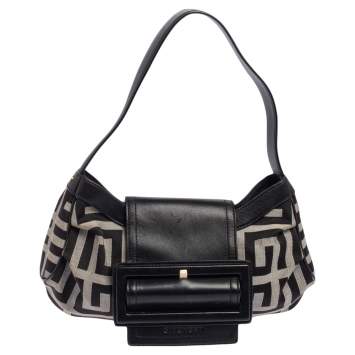 Pre Owned Givenchy Black Monogram Canvas and Leather Buckle Flap Hobo