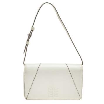 Pre Owned Givenchy White Leather Logo Flap Shoulder Bag