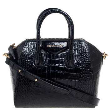 Pre Owned Givenchy Black Glossy Croc Embossed Leather Mini Antigona Satchel