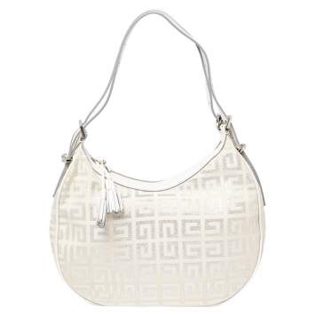 Pre Owned Givenchy White Shimmery Signature Canvas and Leather Trim Hobo