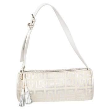 Pre Owned Givenchy White Shimmery Signature Canvas and Leather Trim Pochette