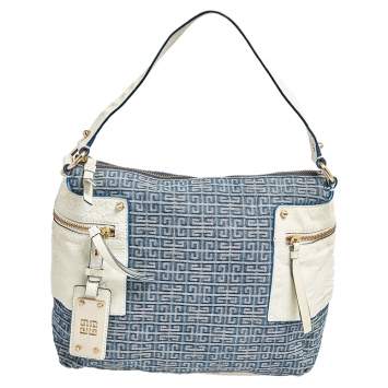 Pre Owned Givenchy Blue/White Monogram Denim and Leather Side Pocket Hobo