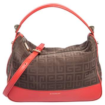 Pre Owned Givenchy Brown/Red Monogram Canvas and Leather Zip Hobo