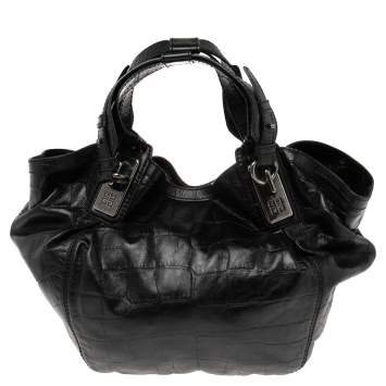 Pre Owned Givenchy Black Croc Embossed Leather Shoulder Bag