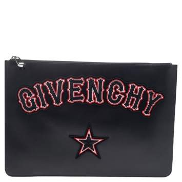 Pre Owned Givenchy Black Leather Leather Pandora Embroidery Logo Flat Zip Pouch