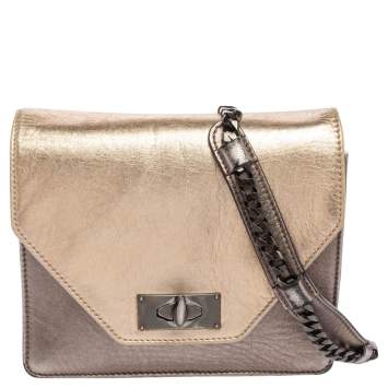 Pre Owned Givenchy Metallic Grey/Gold Leather Shark Tooth Chain Shoulder Bag 