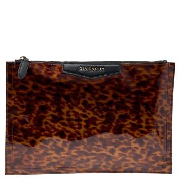 Pre Owned Givenchy Brown Leopard Print Patent Leather Zip Pouch Clutch