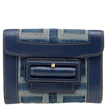 Pre Owned Givenchy Blue Monogram Denim And Leather Flap Compact Wallet