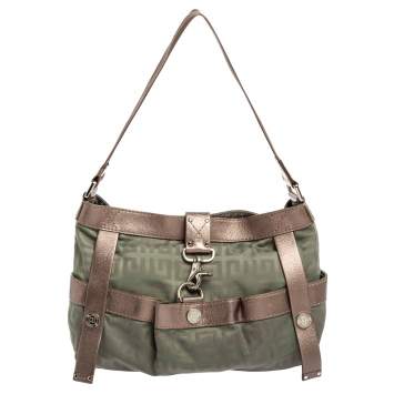 Pre Owned Givenchy Green/Brown Monogram Fabric and Leather Clasp Flap Hobo