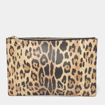 Pre Owned Givenchy Brown/Black Leopard Print Coated Canvas Zip Clutch