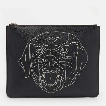 Pre Owned Givenchy Black Rottweiler Line Printed Leather Zip Pouch