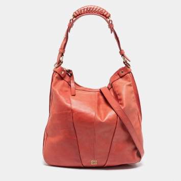 Pre Owned Givenchy Coral Red Pleated Leather Hobo