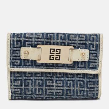 Pre Owned Givenchy Blue/Cream Monogram Canvas and Leather Metal Flap Compact Wallet