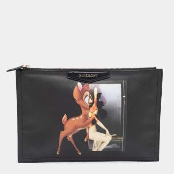 Pre Owned Givenchy Black Textured Leather Bambi Print Zip Antigona Clutch