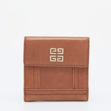 Pre Owned Givenchy Brown Leather Logo Compact Wallet