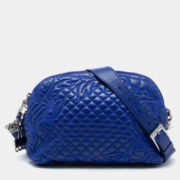 Pre Owned Versace Blue Leather Embroidered Shoulder Bag
