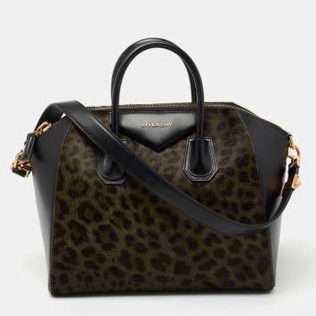 Pre Owned Givenchy Black/Green Leopard Print Calf Hair And Leather Medium Antigona Satchel