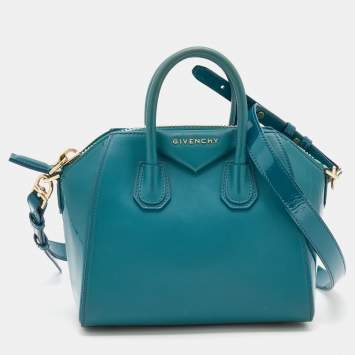 Pre Owned Givenchy Teal Blue Patent and Leather Mini Antigona Satchel