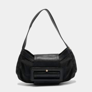 Pre Owned Givenchy Black Nylon and Leather Buckle Flap Hobo