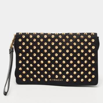 Pre Owned Givenchy Black Fabric and Leather Studded Flap Clutch