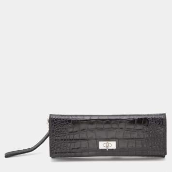 Pre Owned Givenchy Black Croc Embossed Leather Shark Tooth Long Wristlet Clutch