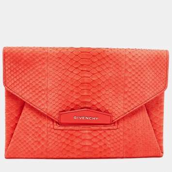 Pre Owned Givenchy Red Python Embossed Antigona Envelope Clutch