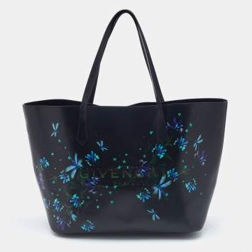 Pre Owned Givenchy Black/Blue Leather Floral Print Logo Tote 