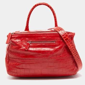Pre Owned Givenchy Two Tone Red Croc Embossed Leather Medium Pandora Shoulder Bag