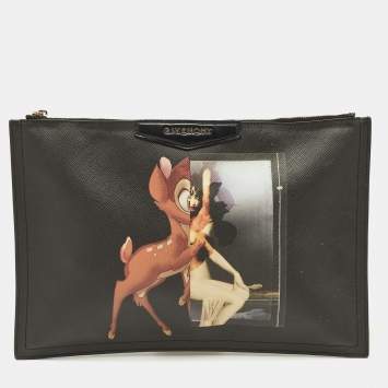 Pre Owned Givenchy Black Leather Graphic Print Zip Pouch