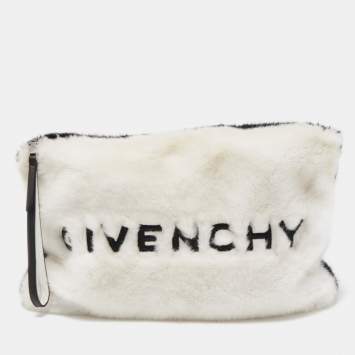 Pre Owned Givenchy White/Black Faux Fur GV3 Wristlet Pouch