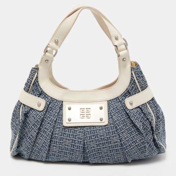 Pre Owned Givenchy Blue/White Monogram Denim and Leather Pleated Hobo
