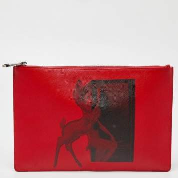 Pre Owned Givenchy Red Print Leather Flat Zip Pouch
